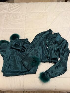 Linea Donatella Emerald Green Satin Pajama Set with Fur Trim